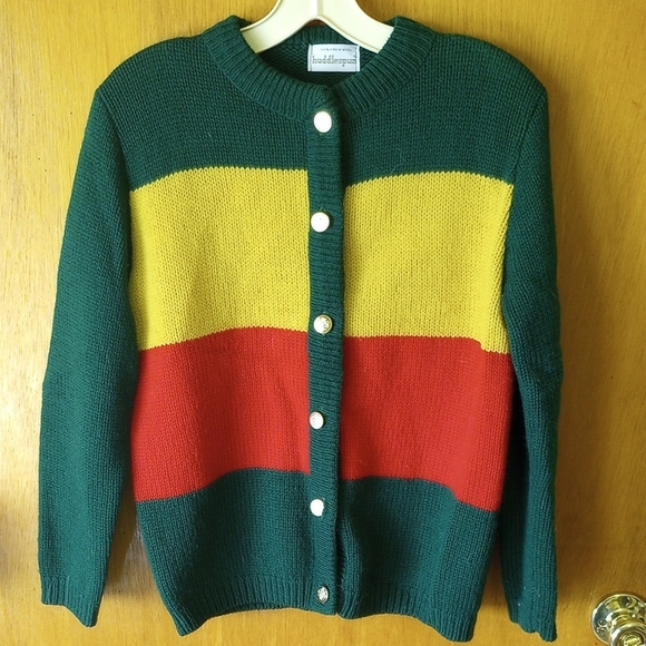Huddlespun Sweaters - Huddlespun Wool Cardigan Colorblock Sweater.  Green Yellow Red, Gold Buttons
